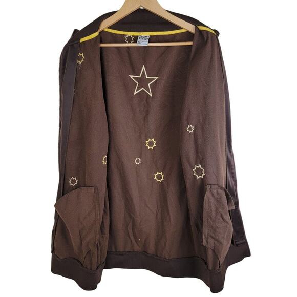 Jinzu Mens Y2K Birds Key Graphic Art Embroidered Bomber Jacket size XL Brown AOP - Picture 3 of 13